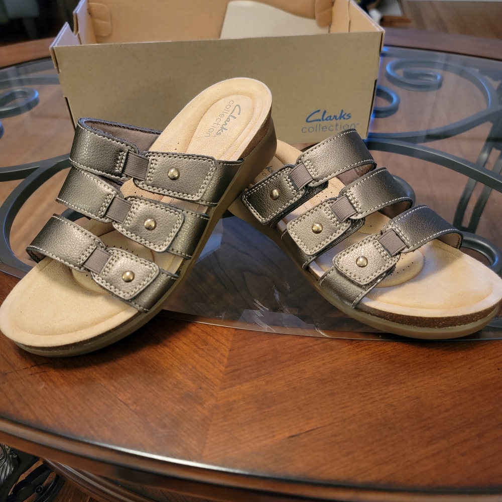 Clarks Metallic Triple-Strap Slide Sandals - Pewter
